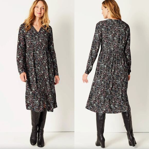 J Jill Womens Button Front Maxi Dress Plus Size 2X Black Paisley Floral Print - Picture 1 of 11